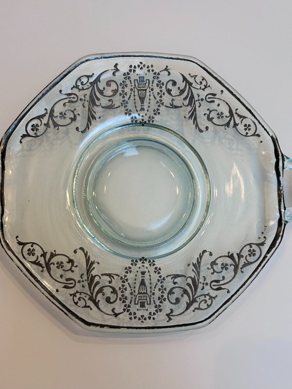 Vintage Green Fostoria Glass Tray with Handles and Sterling Silver Filigree Deta